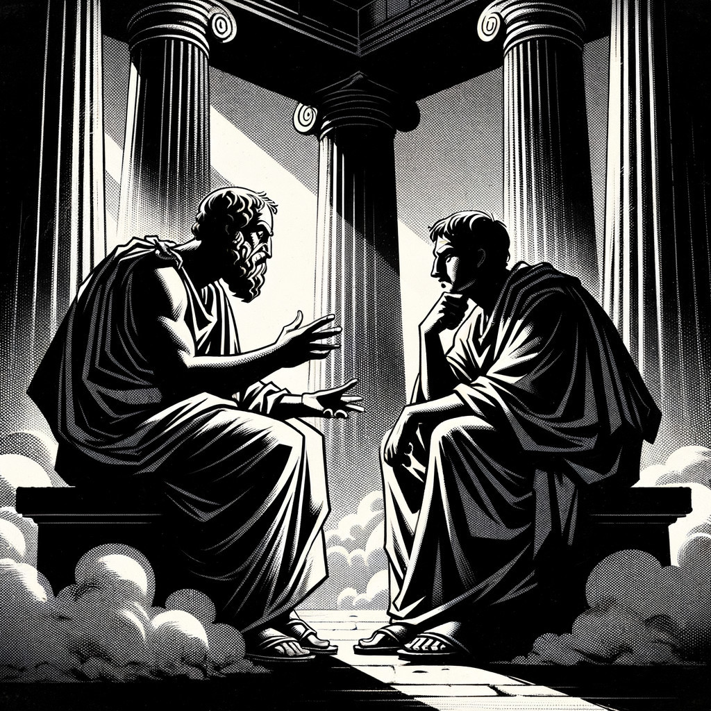 Platon debattiert mit Demokrit